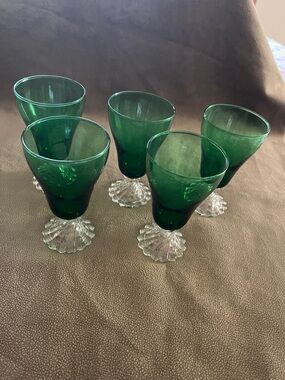 Vintage Emerald Green Glass Goblets with Clear Ruffled Stem